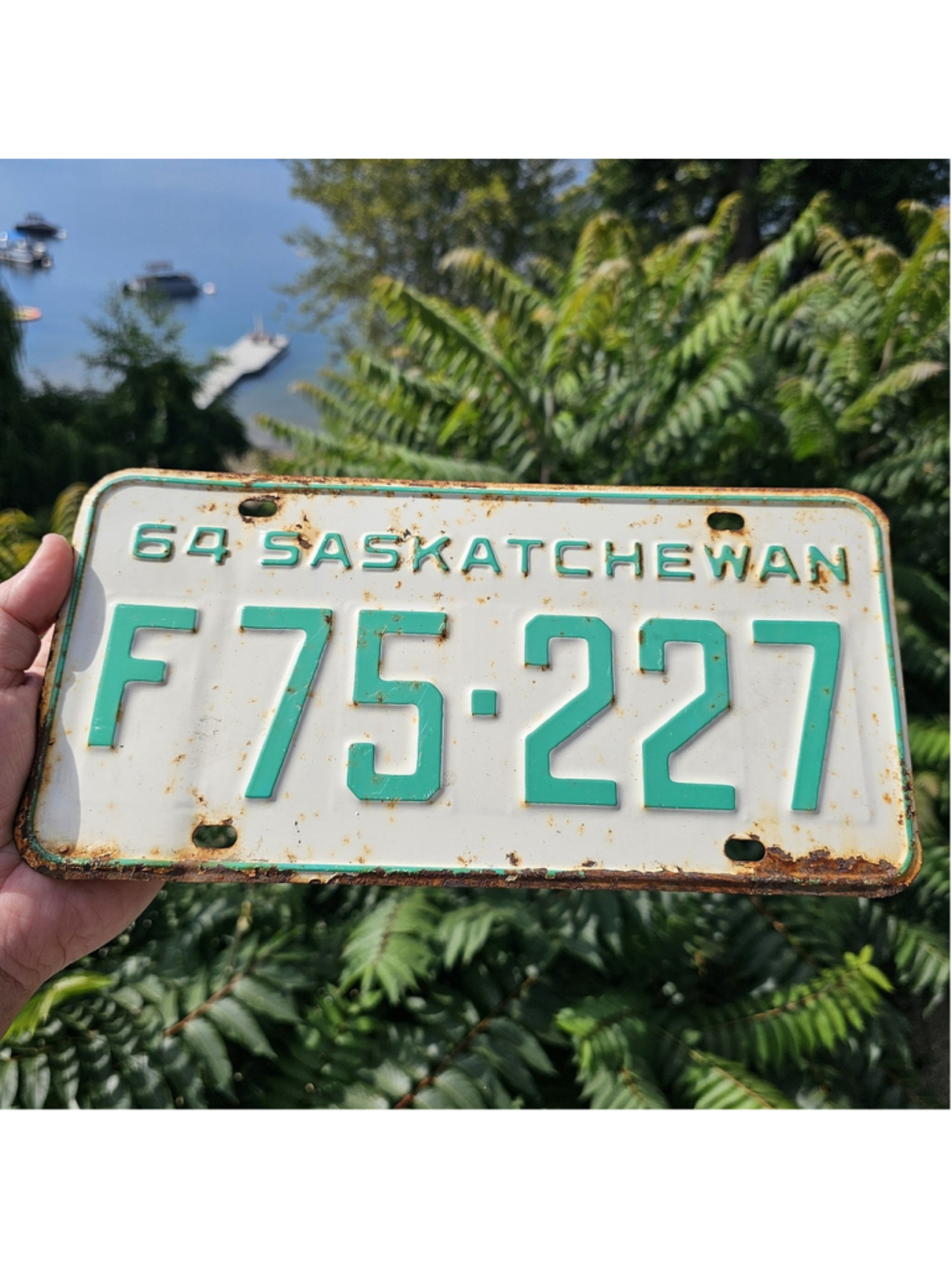 1964 Saskatchewan Farm License Plate F75-227 Vintage Canadian Green White